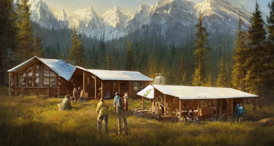 Prompt: cabela's beautiful comfortable modular pop - up insulated all terrain family dwelling, cabin,, person in foreground, mountainous forested wilderness open fields, beautiful views, painterly concept art, joanna gaines, environmental concept art, farmhouse, magnolia, concept art illustration, by james gurney, by craig mullins, by greg rutkowski trending on artstation