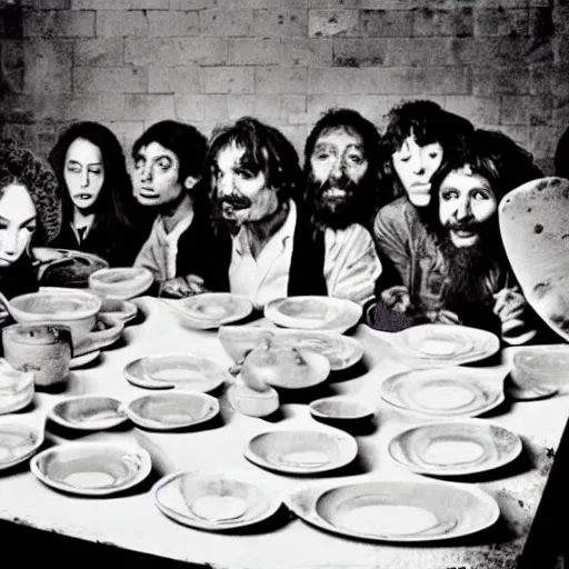 Prompt: Award Winning Editorial Masterpiece picture of a Tramps in a new York Soup Kitchen by David Bailey CBE, The Last Supper