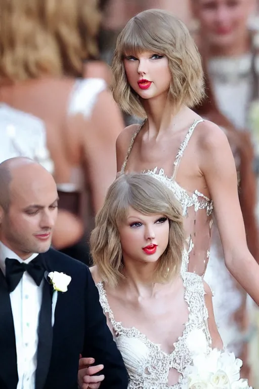 Image similar to waist - up - photo!!!!!!!!!!!! of taylor swift in a beautiful wedding dress, focus on face and facial details. ( ( ( ( ( ( head - shot ) ) ) ) ) )