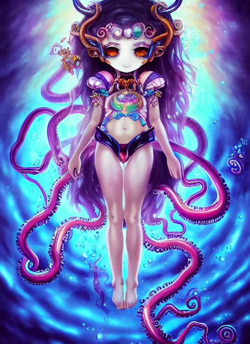 Prompt: A full shot of a chibi girl from the Abyss covered in opals and oil. Symmetrical. Underwater. Dark foreboding Atmosphere. Sailor Moon. Tentacles. Kawaii. Rainbows. Demon Horns, Angel Wings, By Lisa Frank and HR Giger and Ross Tran and ArtGerm and WLOP. Key Art. Fantasy Illustration. award winning, Artstation, intricate details, realistic, Hyperdetailed, 8k resolution. Photoreal. Octane Render.