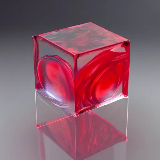 Image similar to transparent cube half filled with turbulent red liquid inside in a transparent twisted sphere