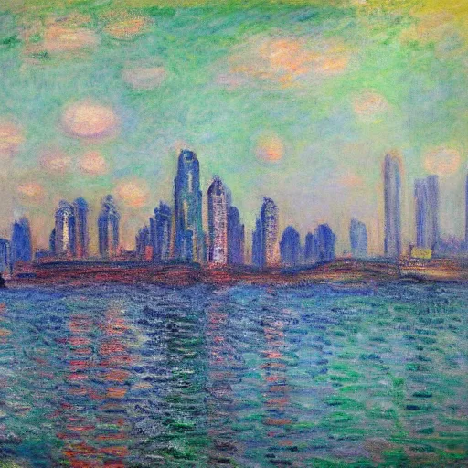 Image similar to the singapoore skyline painted by claude monet