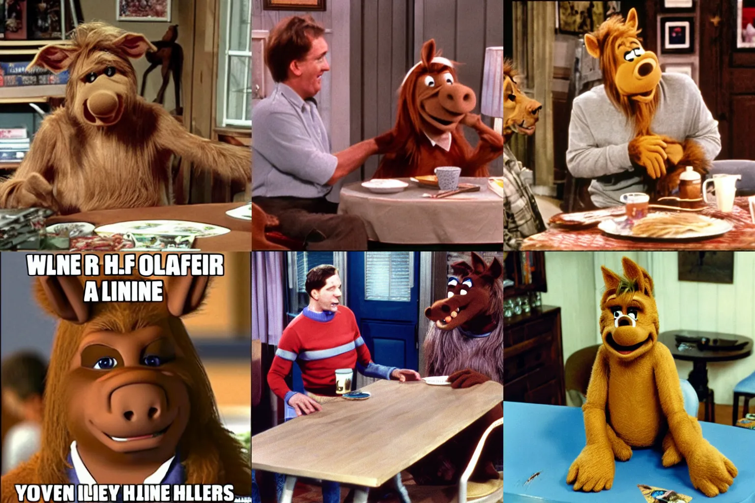 Prompt: Willie Tanner from Alf is hiding Alf under the table