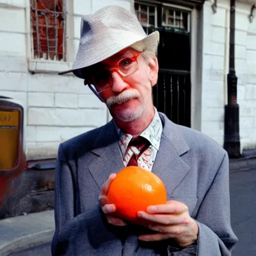 Image similar to hugh hopper holding an orange and a diet pepsi sitting on a street corner