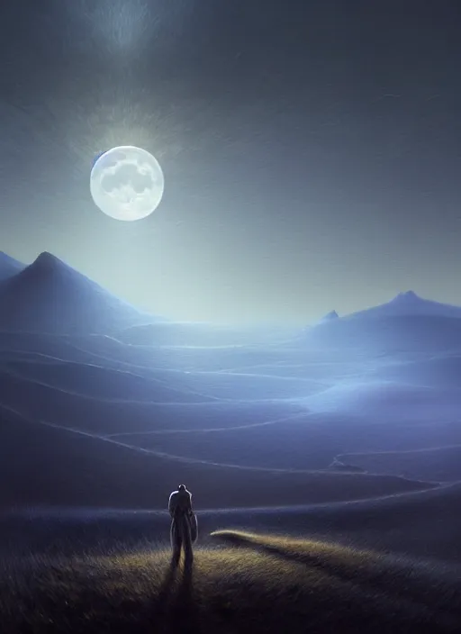 Image similar to midnight by moonlight in the low - polygon hills, the distant hills are polygons, diffuse lighting, intricate, surrealism!!!!, highly detailed, lifelike, photorealistic, digital painting, artstation, surrealist, concept art, smooth, sharp focus, by greg rutkowski, chris tulloch mccabe, valentina remenar and asher duran,