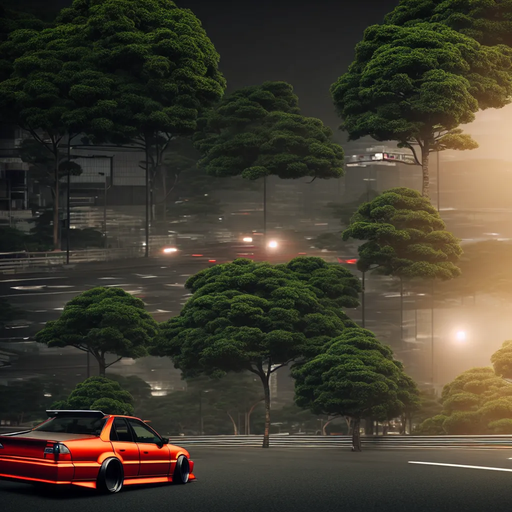 Image similar to car in center JZX100 twin turbo drift on a road, surrounded by trees and buildings in Tokyo prefecture, rooftops are Japanese architecture, city at sunset heavy mist over streetlights, cinematic lighting, photorealistic, detailed wheels, highly detailed, octane render