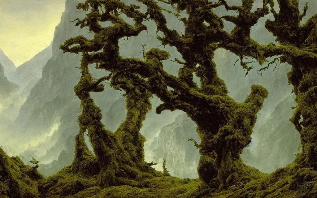 Image similar to valley of berchtesgaden, a gnarly old oak in a shroud of mist and ruins, covered by moss, by caspar david friedrich
