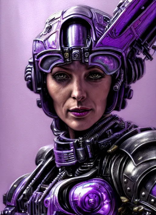 Image similar to extreme close up, portrait of a woman in purple sci - fi armor, bionic arm, intricate, warhammer, warhammer 4 0 k, highly detailed, digital painting, concept art, sharp focus, illustration, muted colors, grim dark, moody, gloomy, art by john blanche, by pedro nunez, by jaime martinez, by nacho molina