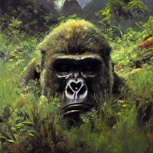 Image similar to giant gorilla skull embedded in a mountainside, lush green landscape, jungle setting, painted by jeremy mann