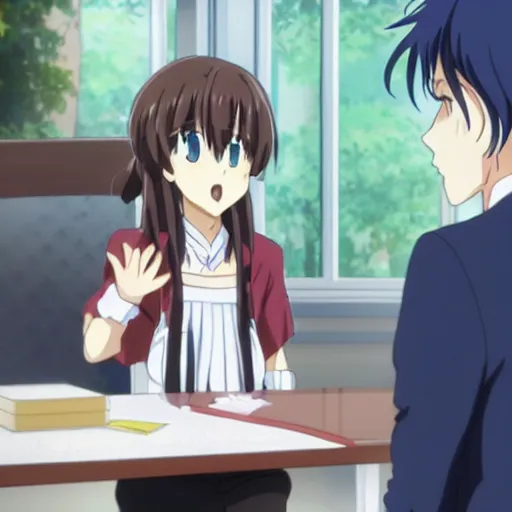 Prompt: cute anime girl bribing the district attorney, still from tv anime, Kyoto animation studio, high detail,