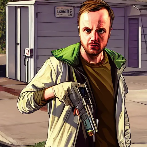 Prompt: Jesse Pinkman in GTA V, cover art by Stephen Bliss, artstation, no text