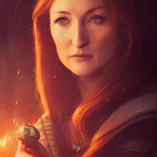 Image similar to closeup portrait of a young jane seymour as a wizard casting magic, forest background, megacity, high fantasy, dramatic light, gorgeous view, depth, high detail, digital art, painted by greg rutkowski, trending on artstation