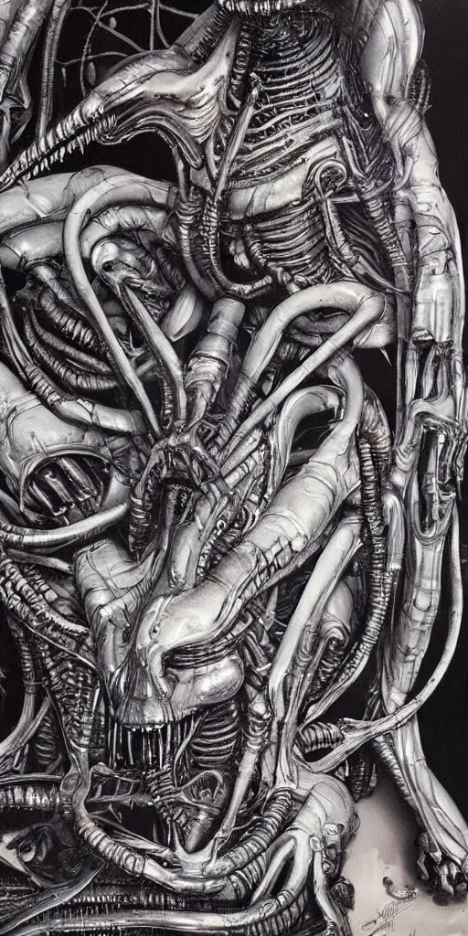 Prompt: oil painting scene from Alien 2 movie Giger art by kim jung gi