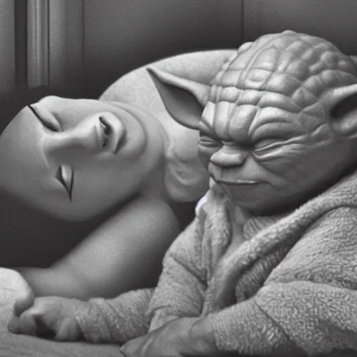 Image similar to putin sleeping in bed next to yoda