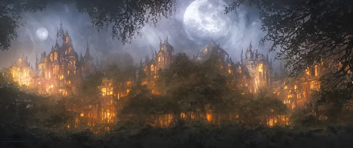 Prompt: huge academic castle city in the forest behind a garden, concept art, digital painting, style of jordan grimmer, warm lighting, futuristic, volumetric lighting, view from below, vivid colours, bright, nighttime, moon rays , high detail