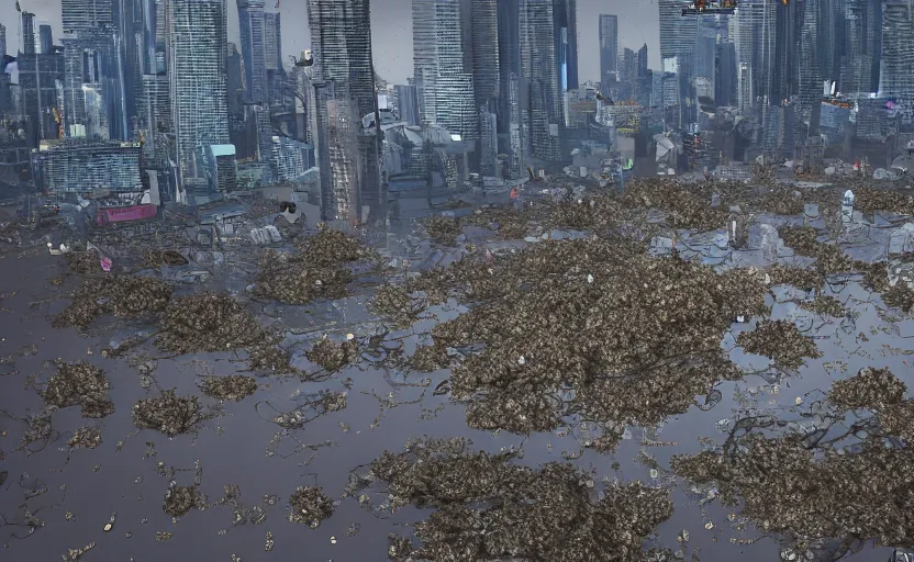 Image similar to highly detailed rendering of wuhan covered in giant maggots, octane render, unreal engine, cinematic, 8 k, disturbing, disgusting, rubbish, decrepit, highly detailed