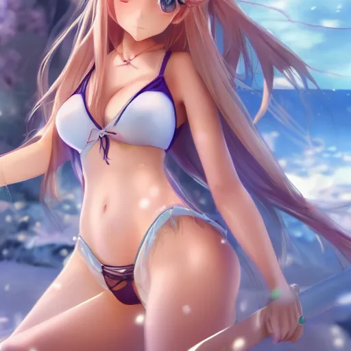 Image similar to a very beautiful mature yuuki asuna, full body, long wavy blond hair, sky blue eyes, full round face, bikini, miniskirt, front view, cute pose, highly detailed, cinematic wallpaper by stanley artgerm lau