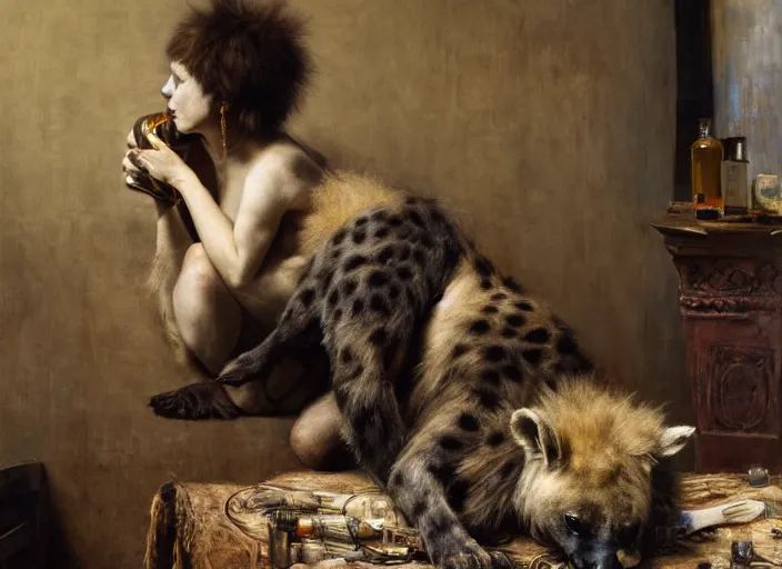 Image similar to an exhausted hyena girl in her studio with a bottle of whisky, fluffy, furry pelt, furry body. highly detailed painting by edgar maxence and caravaggio and michael whelan and delacroix style, artistic, intricate drawing, cinematic lighting, hyper realistic, extremely detailed, establishing shot, 8 k resolution, dramatic lighting