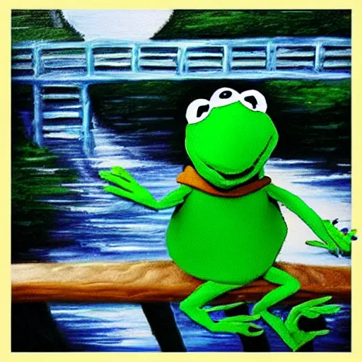 Image similar to “a bob ross style painting of kermit falling off a bridge”