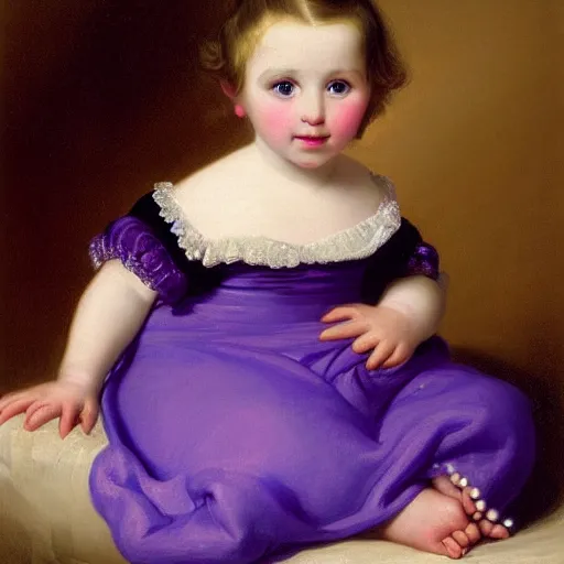 Image similar to portrait of a german toddler princess sitting down in a silk lavender gown, circa 1 8 3 7, by carl joseph begas, highly detailed, beautiful, oil on canvas, 1 8 3 0 s, romanticism