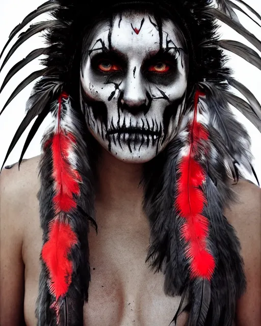 Prompt: the ghost - spirit of the grim - warpaint wears the scarlet skull armor and native blood headdress feathers, midnight fog - mist!, dark oil painting colors, realism, cinematic lighting, various refining methods, micro macro autofocus, ultra definition, award winning photo, photograph by jamie salmon