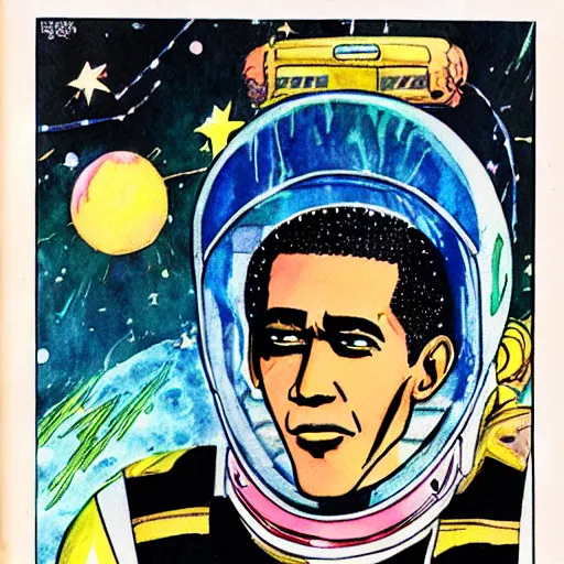 Image similar to a vintage anime 70s comic book watercolor of Obama in space