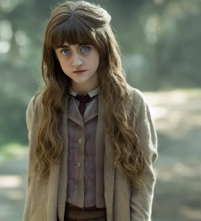 Image similar to beautiful cute young natalia dyer in harry potter, movie still frame, hd, remastered, cinematic lighting