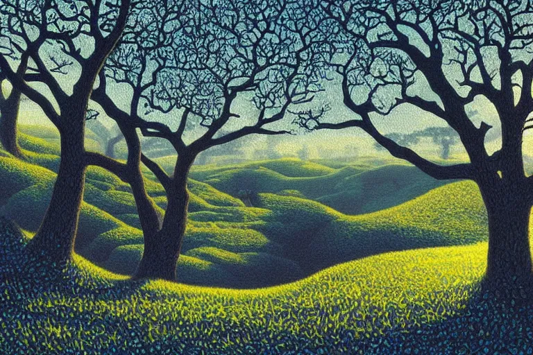 Image similar to masterpiece painting of oak trees on a hillside overlooking a creek, dramatic lighting, by annie ovenden