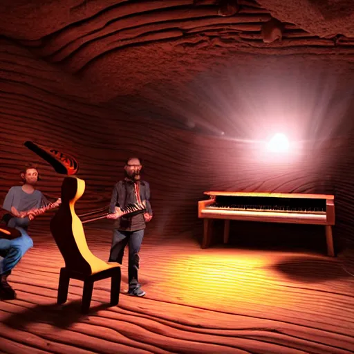 Image similar to A photorealistic wood log cave music studio in virtual reality with virtual people playing instruments, light rays coming out of the windows, bounce lighting, unreal engine, photorealistic