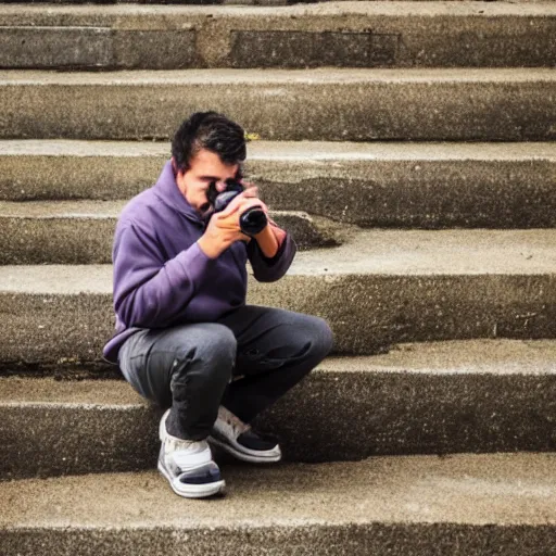 Prompt: person kneeled down taking a photograph of another person