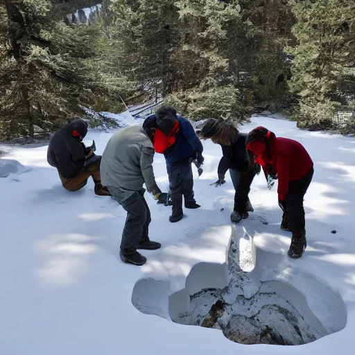 Image similar to a research team finding ancient human remains under snow, some parts of the remains are covered in ice, in the background is frosted green hills with a pine forest.