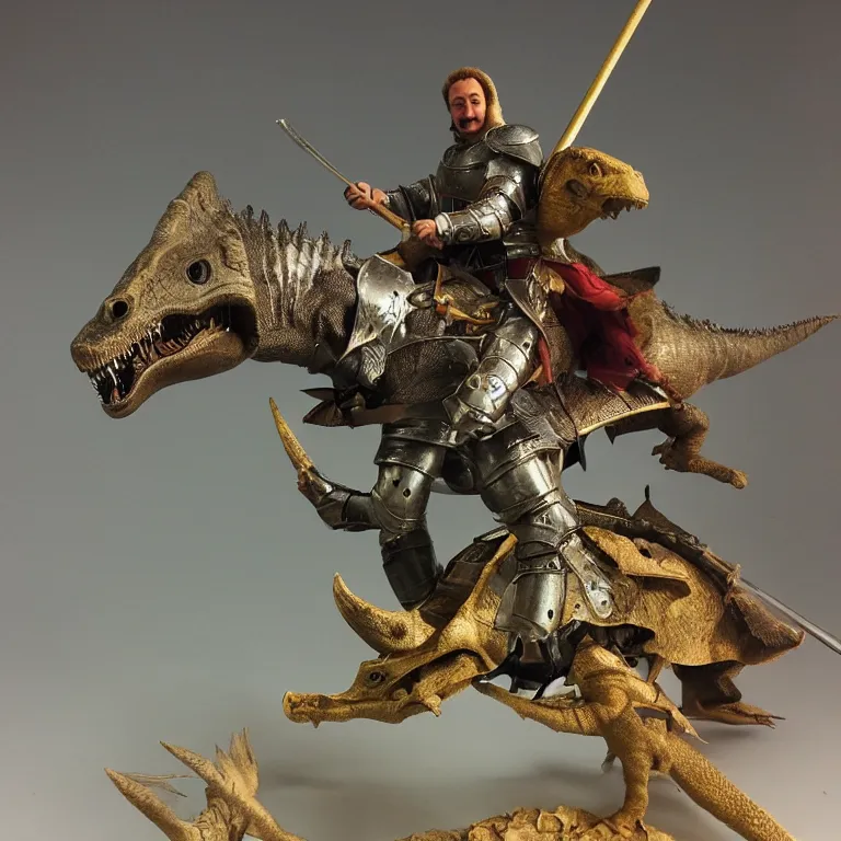 Image similar to diorama of a medieval knight riding a dinosaur, swords drawn to attack, highly detailed, award winning mini painting, studio lighting