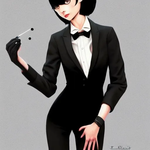 Image similar to slim girl in tuxedo with short black hair, elegant, 2d, ultra highly detailed, digital painting, smooth, sharp focus, artstation, art by Ilya Kuvshinov