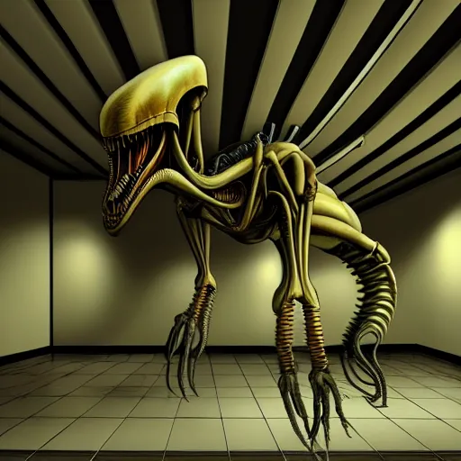 Image similar to detailed realistic xenomorph in an endless empty office building, pale yellow walls, moist brown carpet, defective fluorescent lighting, artstation, ultra detailed, creepy, photorealistic, nostalgia