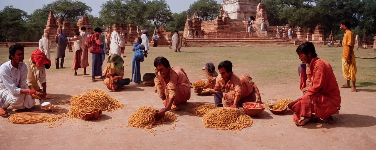 Image similar to people offering spaghetti at sanchi stupa, ancient india, canon 5 0 mm, kodachrome, in the style of wes anderson, retro