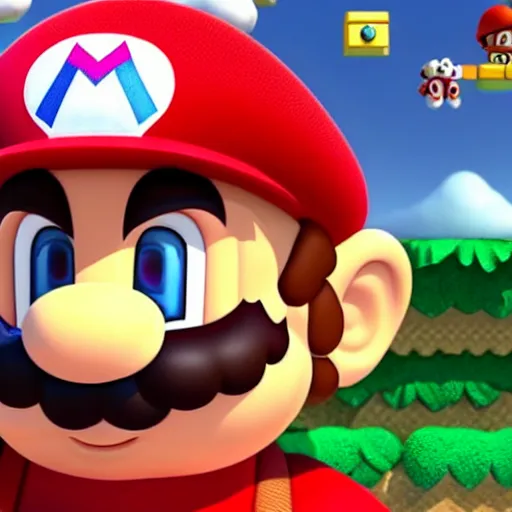 Prompt: extremely zoomed-in photo of Super Mario's face
