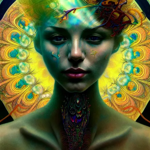 Image similar to An extremely psychedelic experience, reality bending, colorful, surreal, magic mushrooms, psilocybin, LSD, face, detailed, intricate, elegant, highly detailed, digital painting, artstation, concept art, smooth, sharp focus, illustration, art by Krenz Cushart and Artem Demura and alphonse mucha