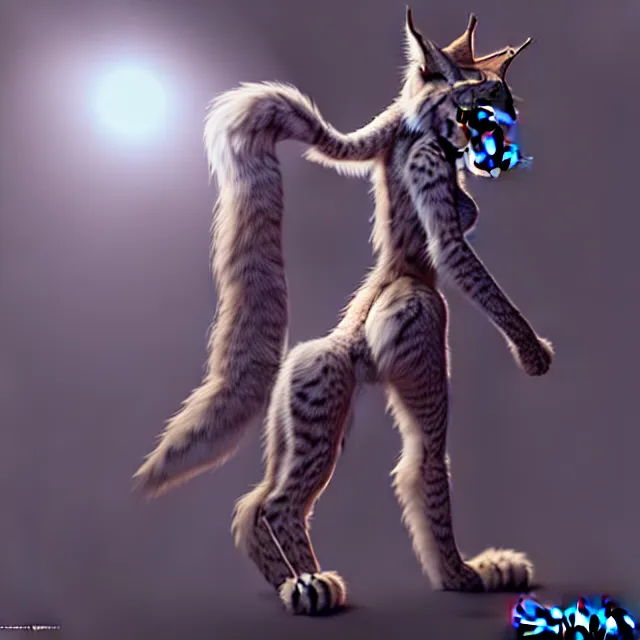 Image similar to the full body of anthropomorphic lynx fursona from behind wearing a steampunk suit as unimaginably beautiful, gorgeous, elegant, young woman with lynx head, an ultrafine hyperdetailed illustration by furaffinity, intricate linework, white fur, unreal engine 5 highly rendered, global illumination, radiant light, detailed and intricate environment