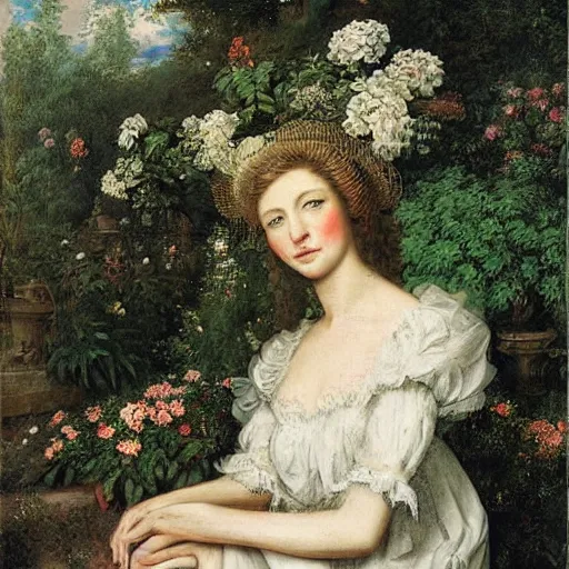 Prompt: a portrait of a beautiful women in a beautiful garden by zatzka hans