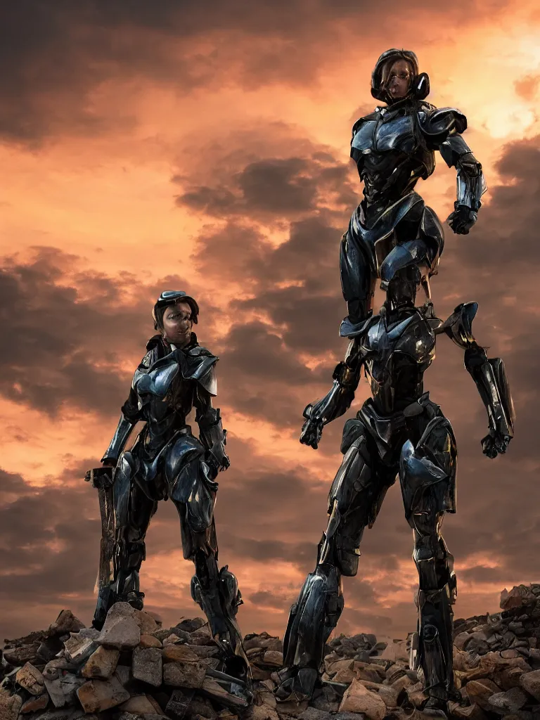 Image similar to emily blunt in futuristic power armor, close up portrait, solitary figure standing atop a pile of rubble, holding a sword on her shoulder, sunset and big clouds behind her