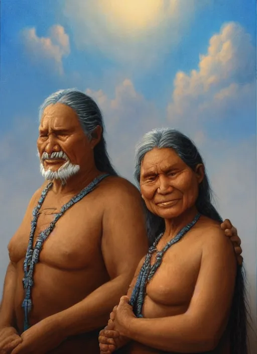 Image similar to faces of an indigenous amazonian grandfather and grandmother spirits in the clouds, smiling, protection, benevolence, ancestors, detailed faces, art by christophe vacher