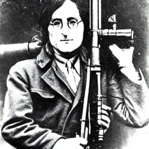 Image similar to old wartime photograph of john lennon holding a lewis gun, 1 9 1 7