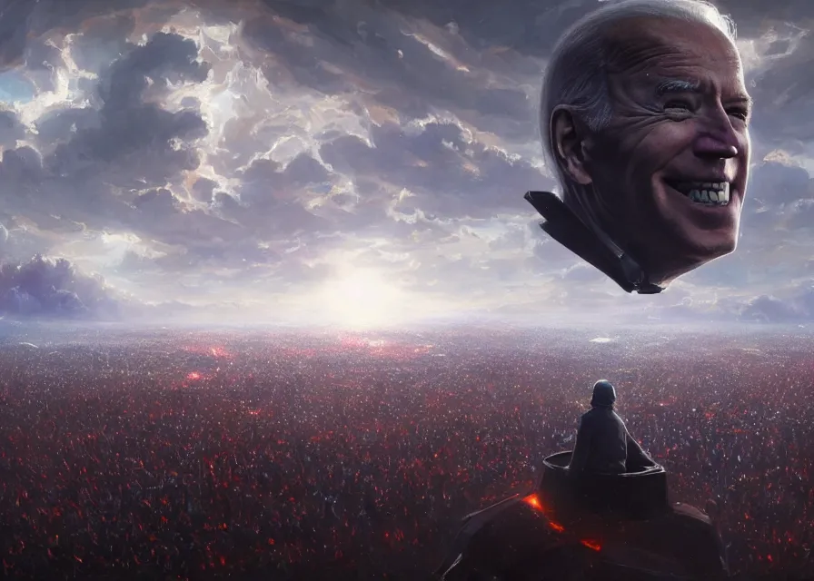 Image similar to large abstract painting of giant grinning Joe Biden head emerging from cosmic clouds at giant immense crowd of person army, trending on ArtStation, masterpiece, by Greg Rutkowski, by Ross Tran, by Fenghua Zhong, octane, lightbeam eyes, soft render, clear facial features, oil on canvas,, moody lighting, cinematic, professional environment concept art