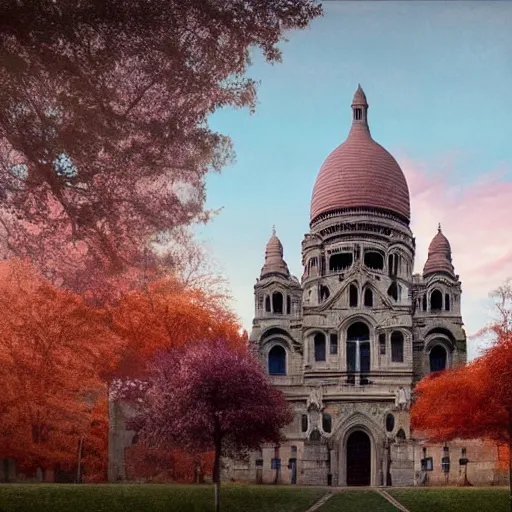 Image similar to abandoned Basilica of Sacré Coeur de Montmartre, toxic orange and pink clouds strain the sunlight, stark contrasting lighting, contrejour, a two-headed mutated deer-like creature looks on in the distance from the sparse twisted silhouetted foliage, a highly detailed colorful matte painting by Scott Listfield and Mikko Lagerstedt, featured on Artstation, Unreal Render, 8k HDR, birdseye view, fisheye lens