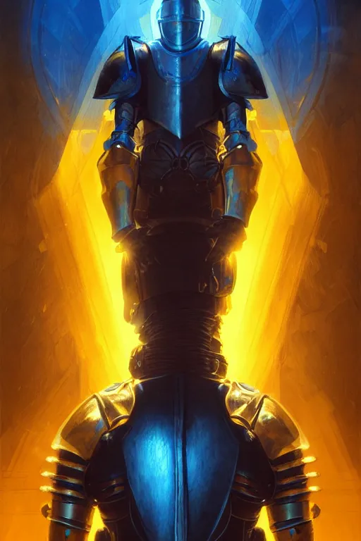 Image similar to medieval knight, cyberpunk, blue and yellow glow, realistic portrait full body, symmetrical, highly detailed, digital painting, artstation, concept art, smooth, sharp focus, illustration, cinematic lighting, art by artgerm and greg rutkowski and alphonse mucha