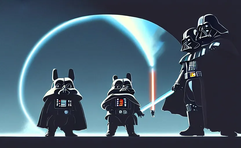 Prompt: darth vader force choking totoro in a space opera studio ghibli animated film, d & d, fantasy concept art, global illumination, interesting composition, volumetric lighting, art by enki bilial, highly detailed