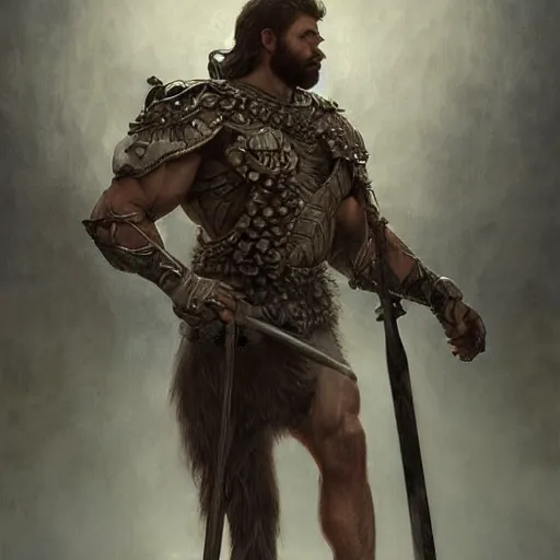 Image similar to portrait of a gruff ranger carrying the holy lance of longinus, Cain, muscular, hairy torso, a wolfish dog at his feet, intricate, elegant, highly detailed, digital painting, artstation, concept art, matte, sharp focus, illustration, art by Artgerm and Greg Rutkowski and Alphonse Mucha