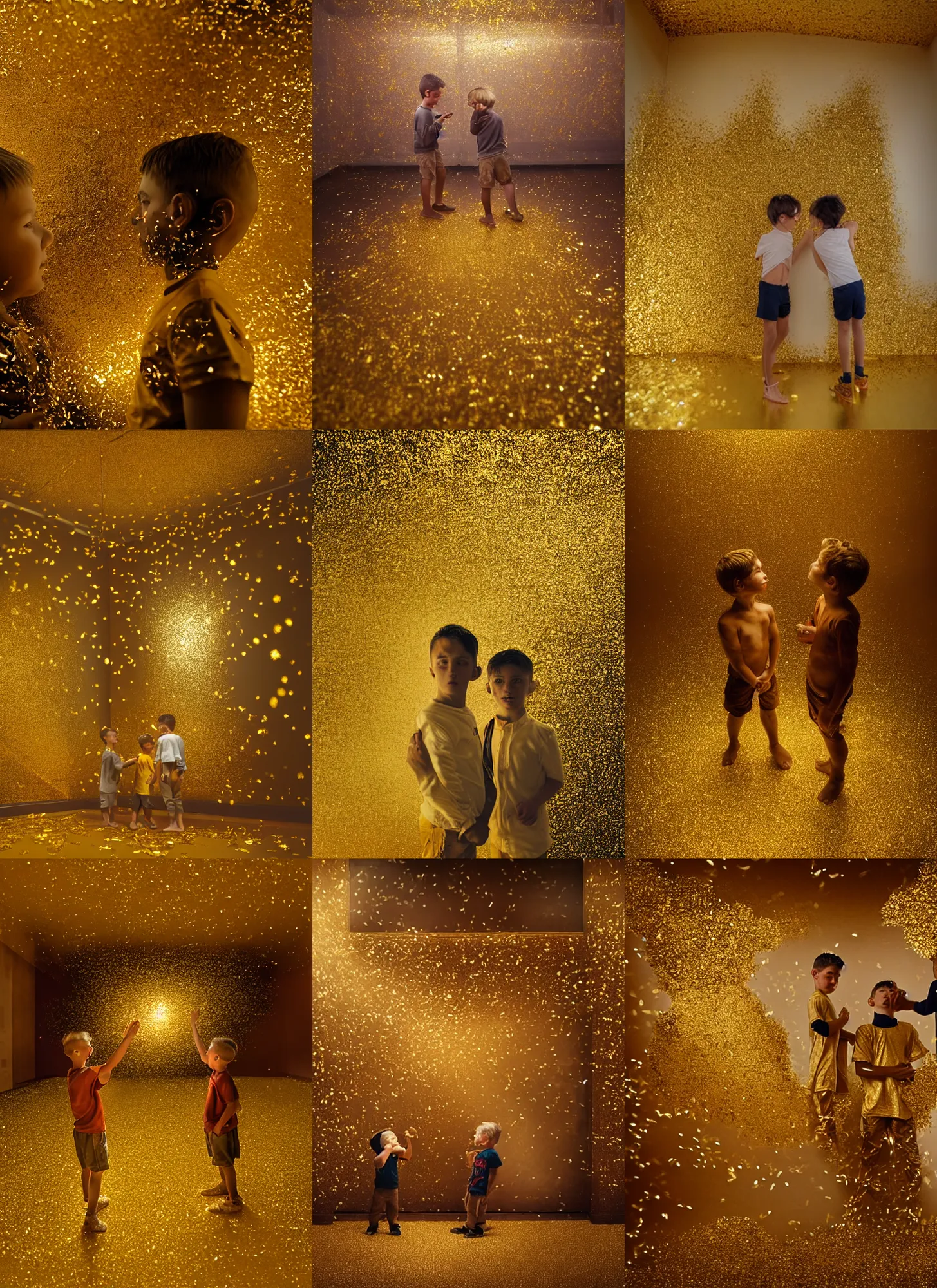 Prompt: two boys in a golden room gazing at each other, covered with gold foils and gold dust swirling in the air photo, dreamy lighting, cinematic, establishing shot, extremly high detail, post processed, photo by Bernard faucon