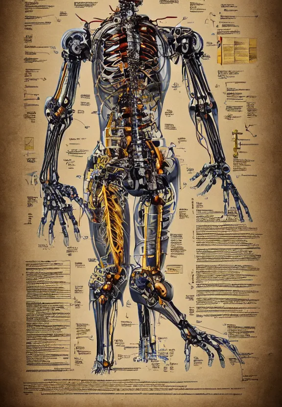 Image similar to highly detailed labeled medical anatomy poster of a robotic abomination, poster paper with notes, well - lit, ray tracing, detailed, mechanism, forbidden - knowledge, intricate details, gold and silver ink