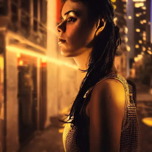 Prompt: romantic cyberpunk portrait of a beautiful Colombian girl, UE5, dramatic lighting